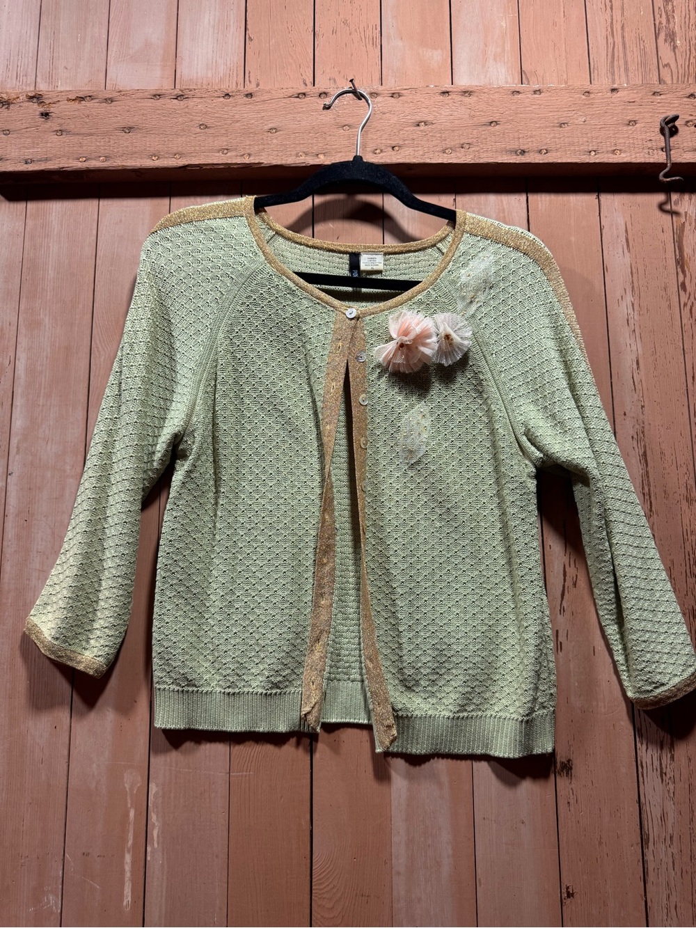 Light Green Silk Blend Knit Women's Cardigan with Gold Trim and Floral Appliqué